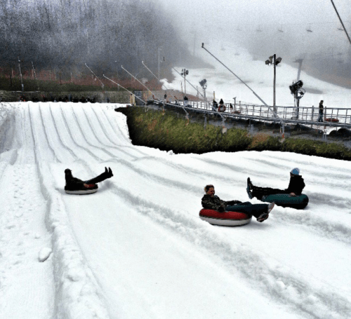 Three people on snow tubes slide down a snowy slope, surrounded by fog and ski lift equipment in the background.