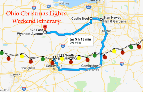 Map of Ohio Christmas Lights weekend itinerary, highlighting key locations and route with travel time and distance.