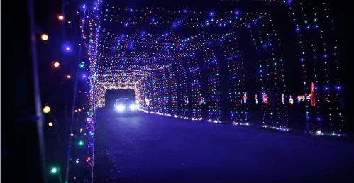 A brightly lit tunnel of colorful holiday lights with a car approaching in the distance.