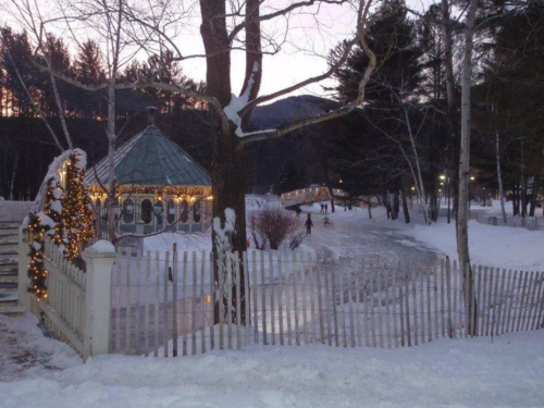 A snowy landscape with a gazebo, twinkling lights, and people skating on an ice path surrounded by trees.