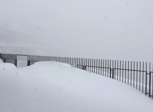 A snowy landscape with a fence barely visible in the distance, shrouded in fog and heavy snowfall.