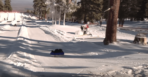 A snowy hill with a person tubing down, surrounded by trees and winter scenery.