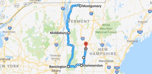Map showing a route through Vermont and New Hampshire, connecting Montgomery, Middlebury, Bennington, and Dummerston.