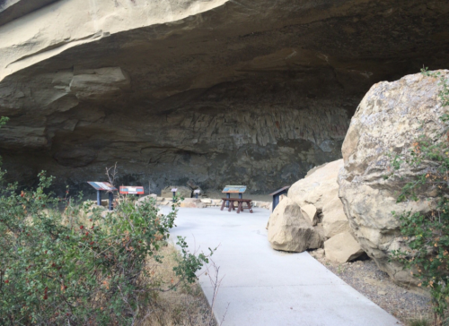 A rocky cave entrance with a paved path and informational signs, surrounded by shrubs and large boulders.