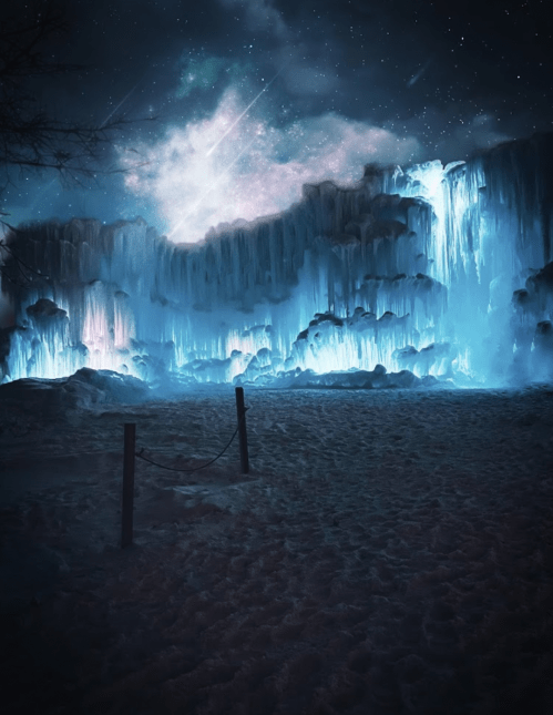 A mystical icy landscape with glowing blue ice formations under a starry night sky.