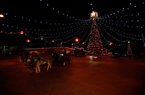 A festive scene at night featuring a decorated Christmas tree and lights, with a horse-drawn carriage in the foreground.