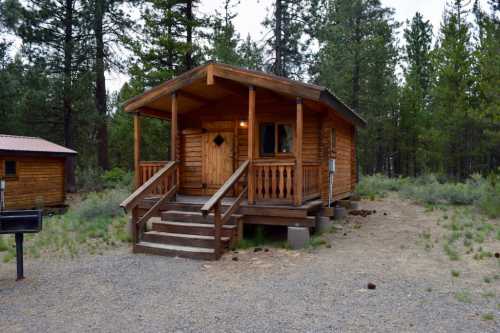 A wooden cabin with a porch, surrounded by trees and gravel, set in a natural outdoor environment.