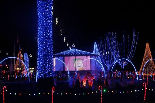 Colorful holiday lights illuminate a park with trees, a gazebo, and festive decorations in a nighttime setting.