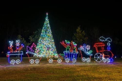 A brightly lit Christmas tree surrounded by a colorful train made of holiday lights in a nighttime setting.