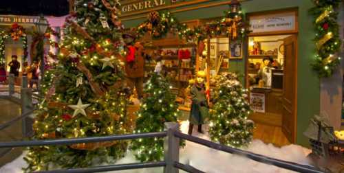 A festive scene featuring a decorated shopfront with Christmas lights, trees, and a child in winter attire.