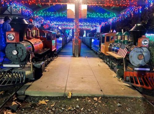 Two colorful train engines decorated with lights, set under a canopy of festive holiday lights.