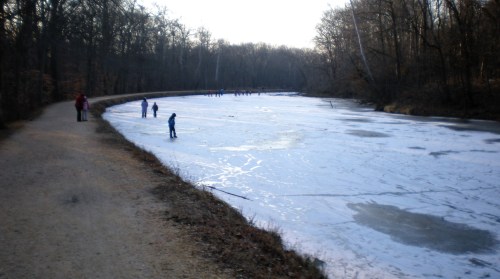 A frozen river with people skating and walking along a dirt path lined by trees in a winter landscape.