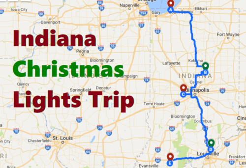 Map showing a route for an Indiana Christmas Lights Trip, highlighting key cities along the way.