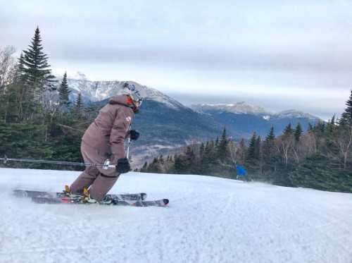 A skier in a brown suit glides down a snowy slope with mountains and trees in the background.