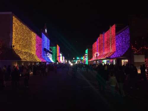 A festive street illuminated with colorful holiday lights, bustling with people enjoying the decorations at night.