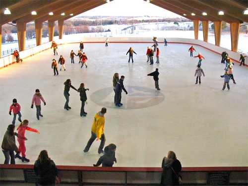 A busy ice skating rink with people of all ages skating and enjoying the winter activity under a wooden roof.