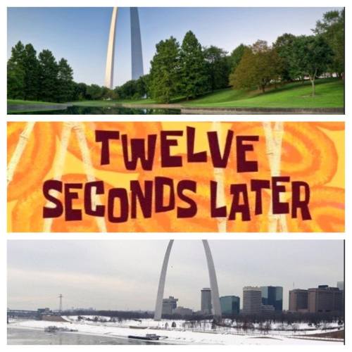 A collage featuring the Gateway Arch, a text overlay saying "TWELVE SECONDS LATER," and a city skyline view.