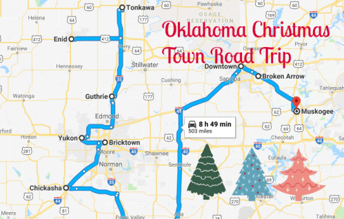 Map of an Oklahoma Christmas Town road trip route, featuring key towns and festive tree icons.