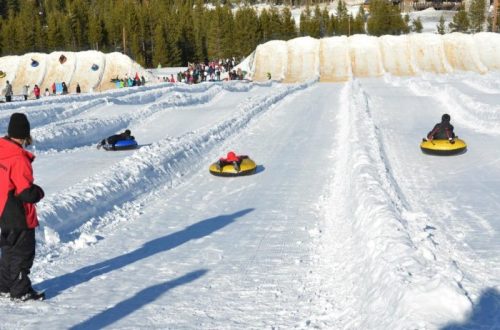 People tubing down snowy slopes with trees in the background on a sunny day.