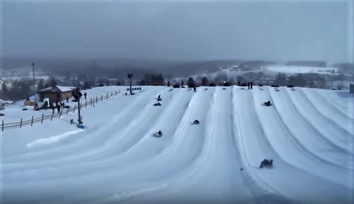 A snowy hill with several people sledding down, surrounded by trees and a cloudy sky.