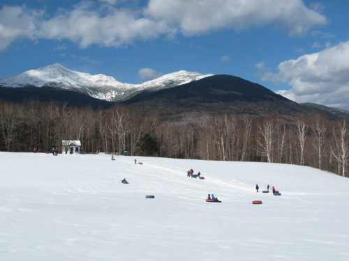 People sledding down a snowy hill with mountains and a blue sky in the background.