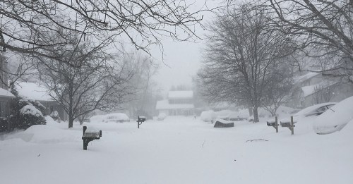 A snowy neighborhood scene with heavy snowfall, obscured visibility, and snow-covered cars and mailboxes.