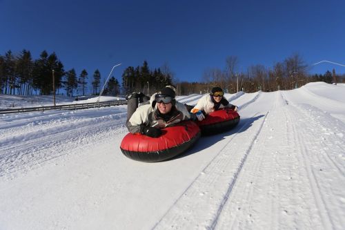Two people in snow tubes slide down a snowy slope on a clear, sunny day, surrounded by trees.