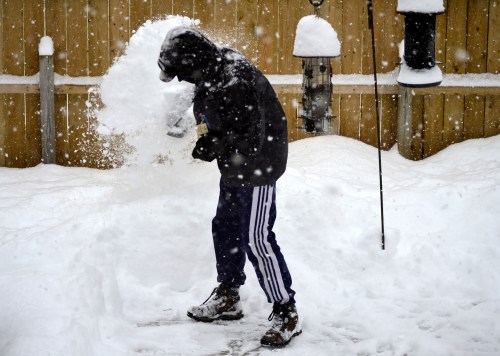 A person in winter clothing shovels snow in a snowy backyard, with heavy snowfall and a wooden fence in the background.