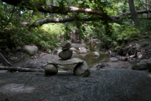 A balanced stack of stones on a rock near a stream, surrounded by lush greenery and fallen branches.