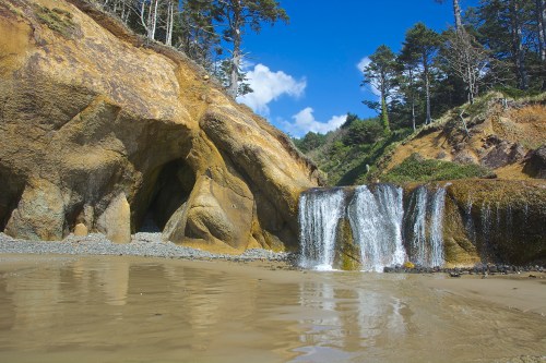A serene beach scene featuring a waterfall cascading over rocks, surrounded by cliffs and trees under a blue sky.
