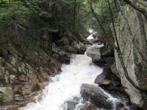 A rushing river flows through rocky terrain, surrounded by lush green trees and steep cliffs.