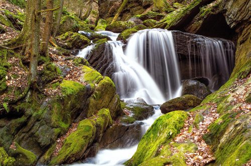 A serene waterfall cascades over moss-covered rocks in a lush, green forest.