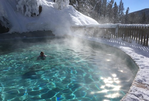 A person swims in a steaming outdoor pool surrounded by snow-covered trees and a wooden fence.
