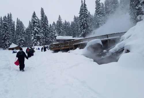 A snowy landscape with people walking towards a wooden structure, surrounded by tall evergreen trees and steam rising.