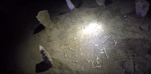A dimly lit underground area with scattered bones and stones on the ground, illuminated by a flashlight.