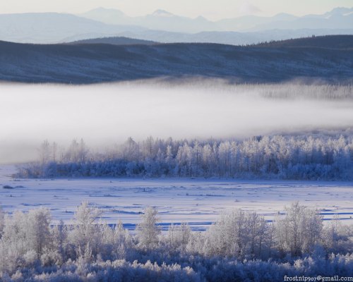 A serene winter landscape with frosted trees, mist over a frozen river, and distant mountains under a clear sky.