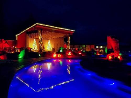 A serene night scene featuring a pool with colorful lights and decorated trees under a starry sky.