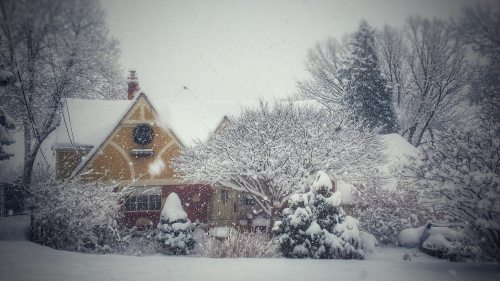 A charming yellow house surrounded by snow-covered trees and bushes in a winter landscape. Snowflakes gently fall.