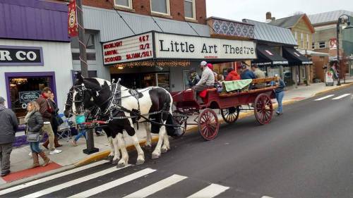 A horse-drawn carriage passes by the Little Art Theatre, with people walking along the street in a quaint town.
