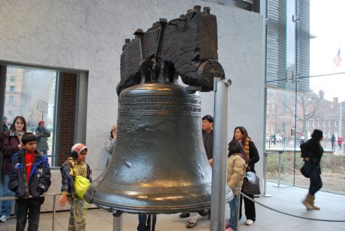 The Liberty Bell displayed indoors, surrounded by visitors, with a modern building in the background.