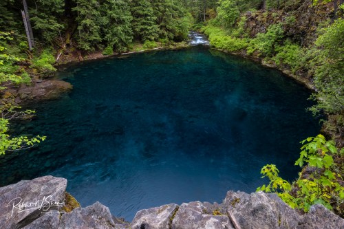 A serene blue pool surrounded by lush green trees and rocky edges, with a gentle stream flowing nearby.