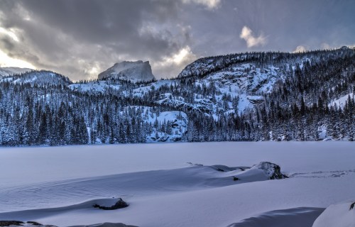 A snowy landscape with a frozen lake, surrounded by mountains and evergreen trees under a cloudy sky.