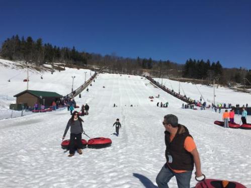 A snowy hill with people tubing and walking, surrounded by trees and a clear blue sky.