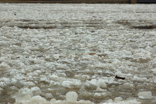 A frozen surface covered with scattered ice chunks and debris, creating a textured, wintry landscape.