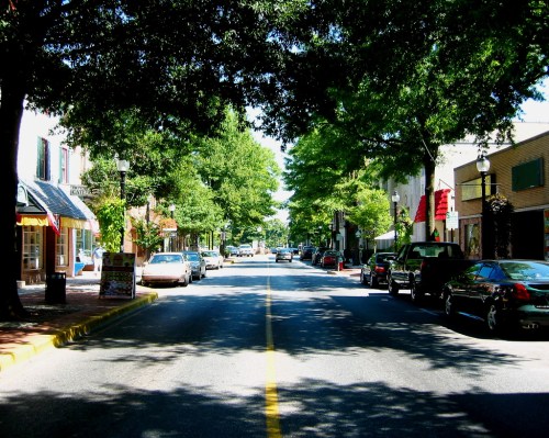 A tree-lined street with parked cars and shops on either side, creating a vibrant, inviting atmosphere.