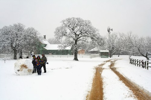 Children building a large snowman in a snowy landscape with trees and a farmhouse in the background.
