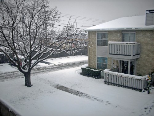 A snowy scene featuring an apartment building, a bare tree, and a quiet street covered in fresh snow.