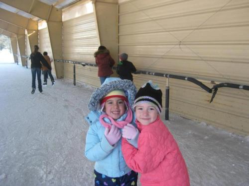 Two smiling girls in winter coats and hats embrace while ice skating indoors, with others skating in the background.