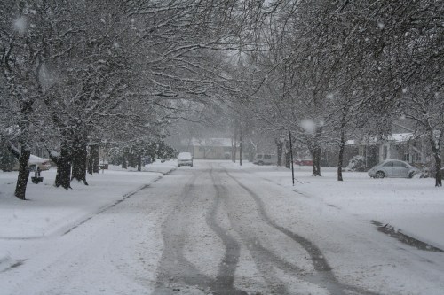 A snowy street lined with trees, featuring tire tracks in the fresh snow and houses in the background.