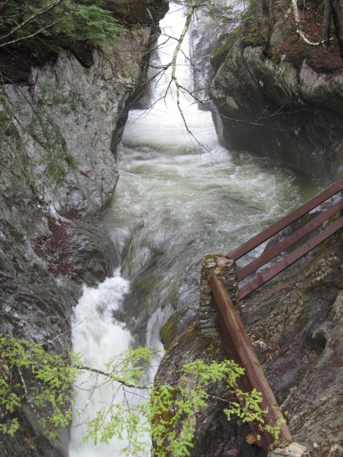 A narrow canyon with rushing water and a wooden railing, surrounded by lush greenery and rocky cliffs.